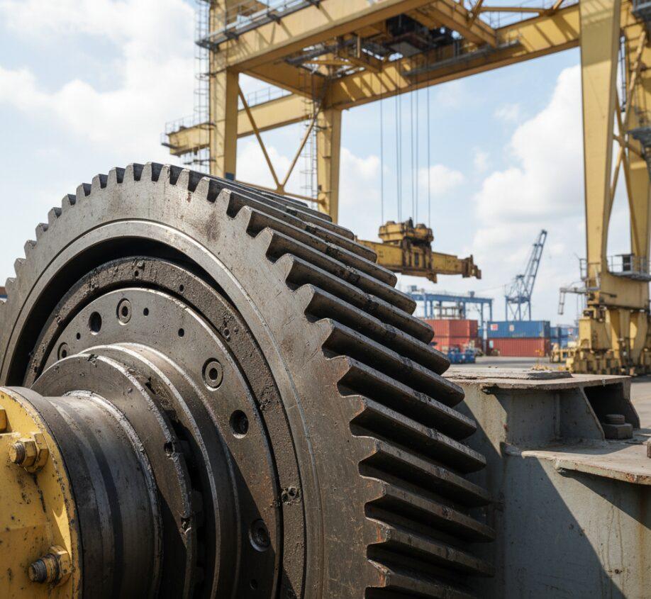 Engranaje interno de cojinete giratorio en una grúa de muelle para contenedores