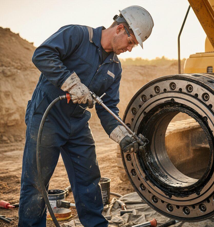 Alguien lubricando el rodamiento giratorio