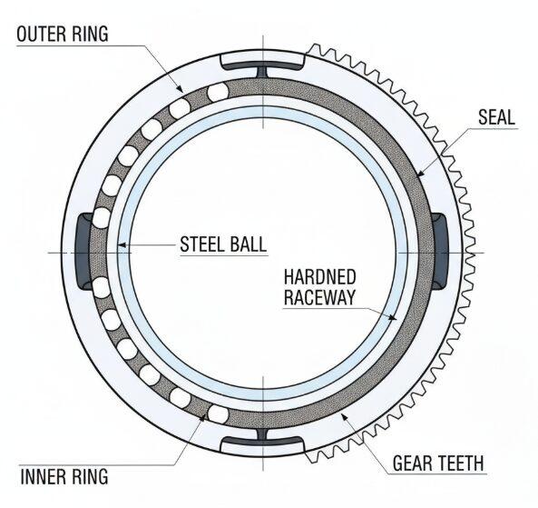 Vue en coupe d'une couronne d'orientation à une rangée de billes