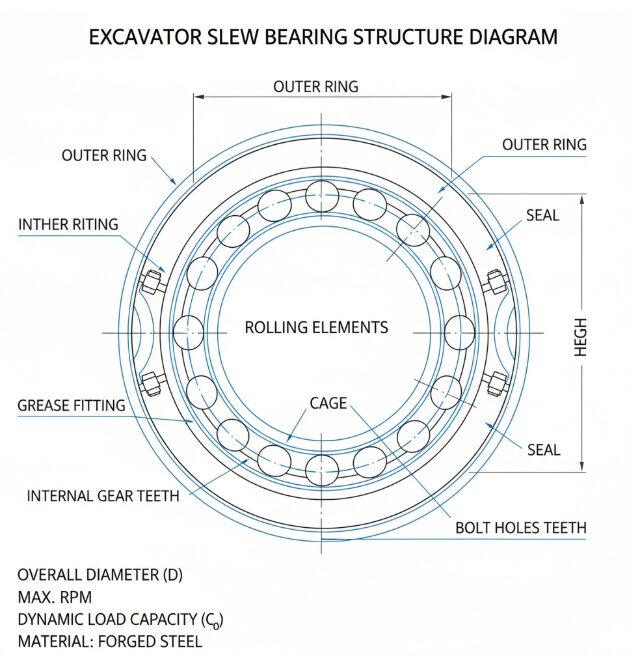 Schéma de la structure de la couronne d'orientation de l'excavateur