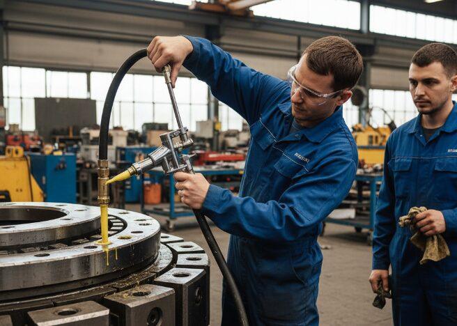 Le technicien a montré comment utiliser un pistolet à graisse pour ajouter de la graisse dans l'orifice d'injection de graisse du roulement d'orientation.