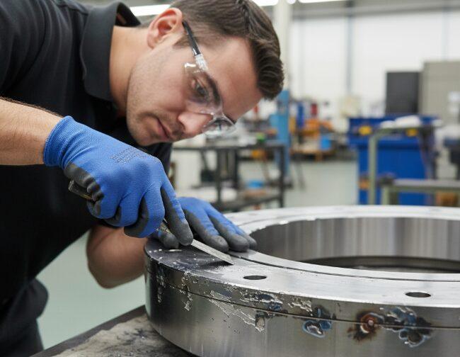 Les techniciens enlèvent la vieille peinture de la surface du roulement d'orientation.