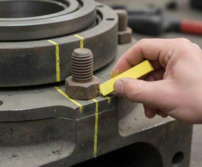 Tracer des lignes de marquage claires sur les têtes des boulons de fixation de l'ancienne couronne d'orientation.