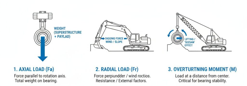 When selecting a slewing bearing, three key load parameters need to be determined.
