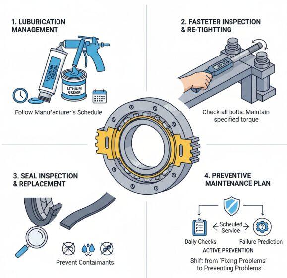 Fotos del proceso de mantenimiento y conservación de la corona giratoria de grúa
