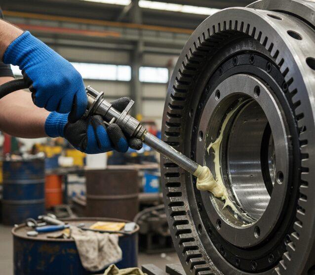 Foto de la adición de aceite lubricante a un rodamiento giratorio