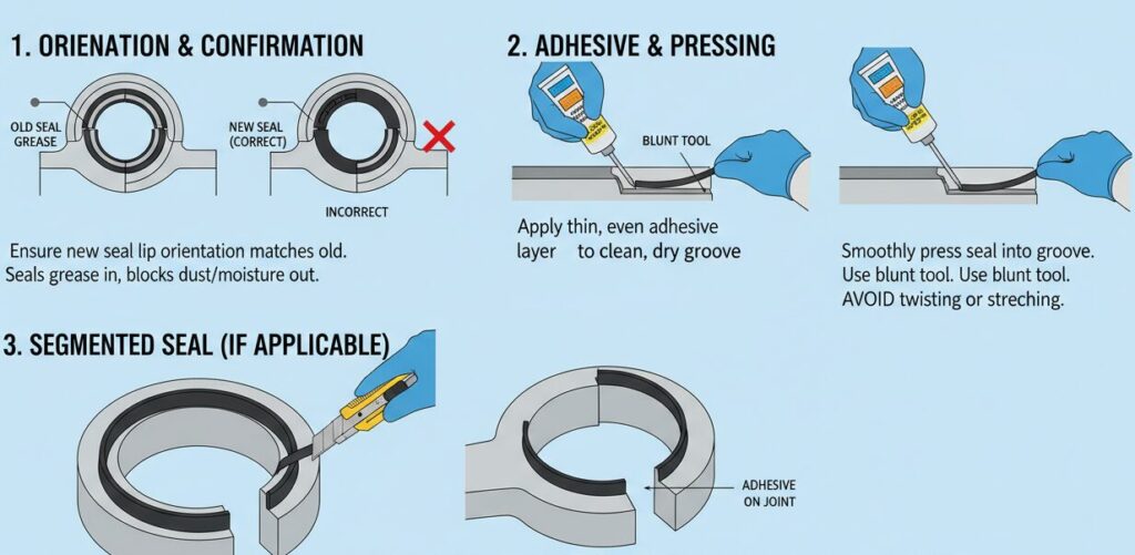 Steps for installing a new seal on the excavator swing bearing.