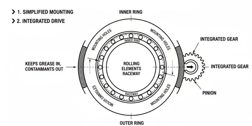Las características de diseño integradas de los rodamientos giratorios.