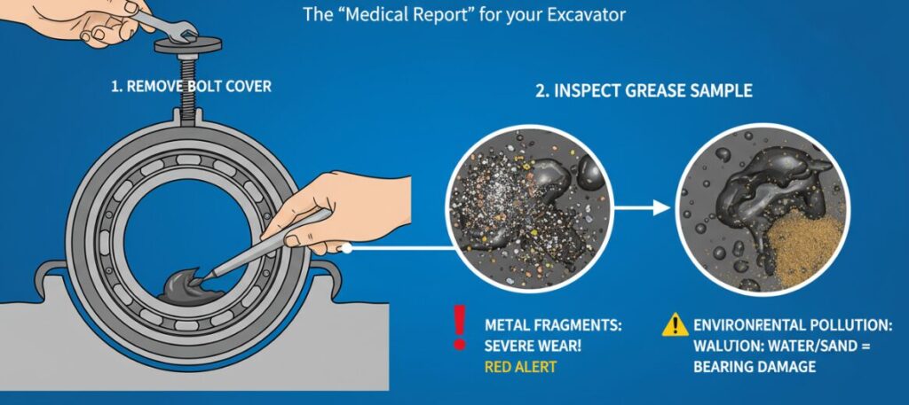 Cómo inspeccionar la grasa y analizar la contaminación en los cojinetes basculantes de excavadoras.