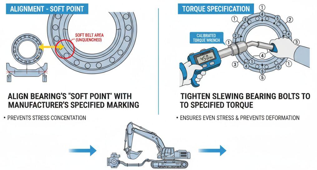 Precautions after replacing the swing bearing seal on an excavator.