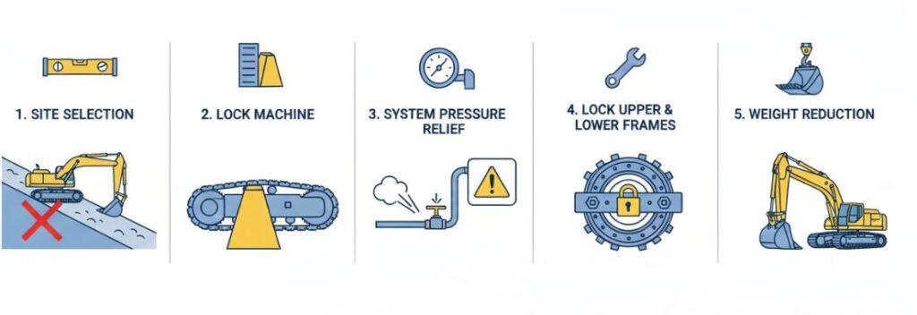 Preparation work for replacing the swing bearing seal of an excavator.