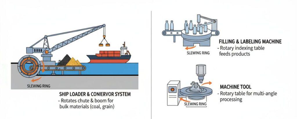Slewing ring bearings are used in material handling and industrial machinery.