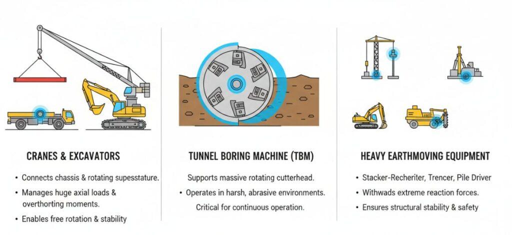 Slewing ring bearings are used in construction and mining applications.