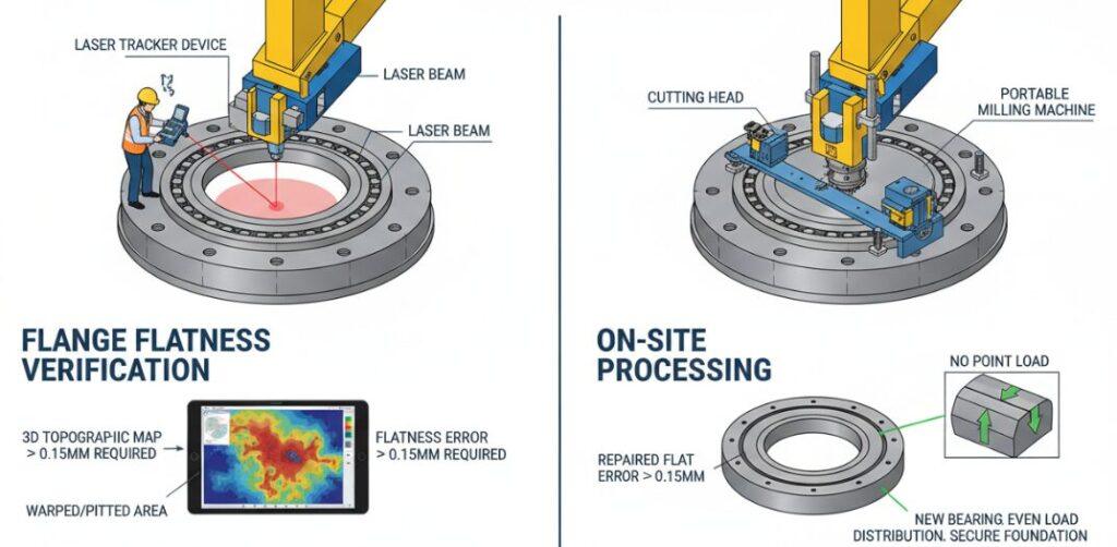 Verification of flatness and on-site machining during the replacement of the slewing bearing of the stacking and reclaiming machine.