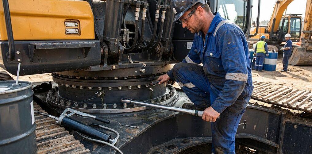 Routine maintenance and lubrication procedure for a crane slewing bearing to prevent wear