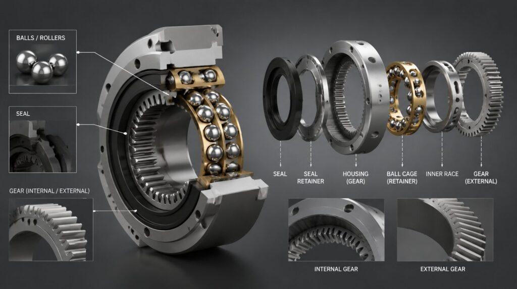 Internal structure of a slewing ring bearing showing gears and rolling elements