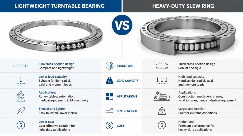 Comparison between light duty turntable bearings and heavy duty slew rings