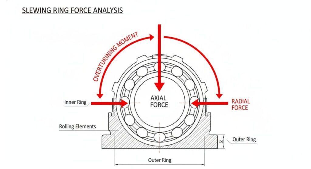 an engineering diagram showing axial, radial, and overturning moment force vectors acting on a cross-section of a slewing ring