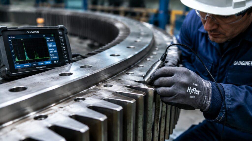 A Close-Up Photograph Showing An Engineer Using An Ultrasonic Testing Probe On The Gear Teeth Of A Large Slewing Bearing.