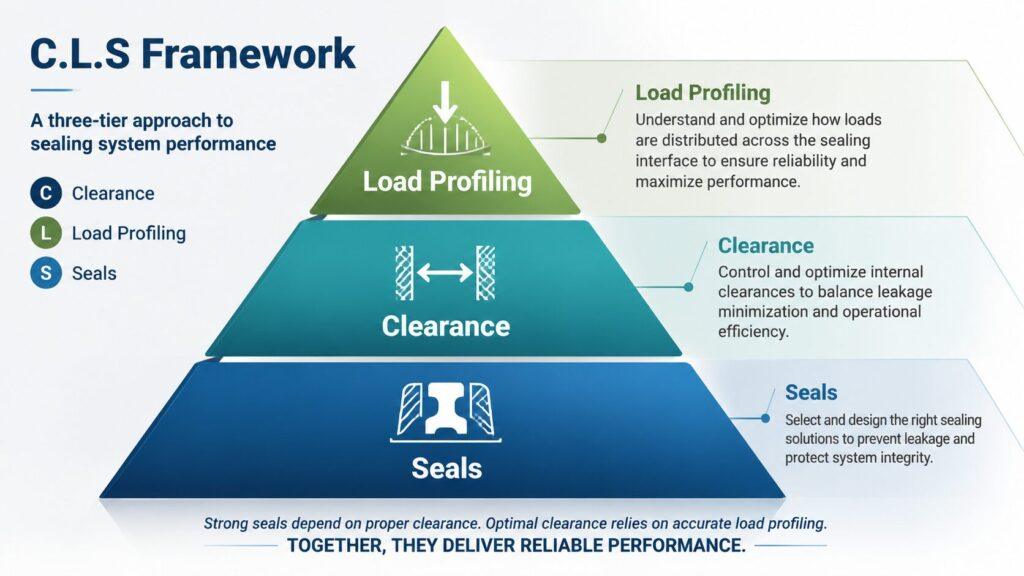 A Diagram Visualizing The "C.L.S. Framework" As A Pyramid Structure: "Seals" At The Base, "Clearance" In The Middle, And "Load Profiling" At The Top.