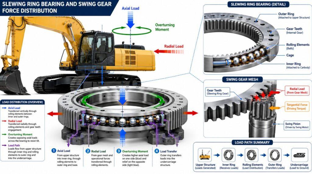 A breakdown of slewing ring bearing force distribution in an excavator swing gear.