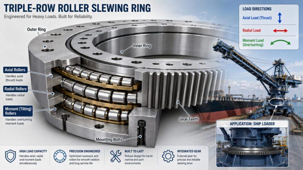 Detailed view of a triple-row roller slewing ring for a ship loader.
