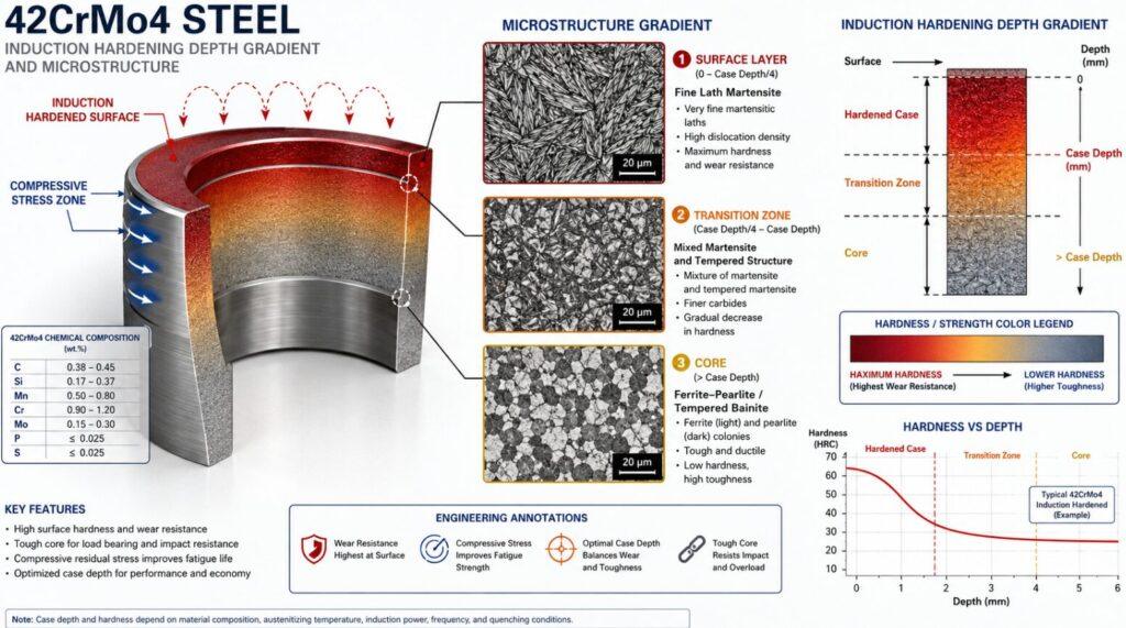 Cross-section diagram showing induction hardening depth gradients and the grain structure of 42CrMo4 steel