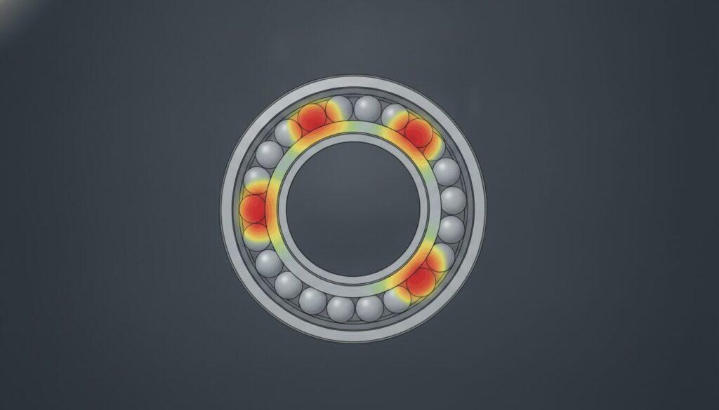 eine Infografik, die einen Querschnitt eines hybriden Keramik-Drehlagers mit Heatmaps zur Spannungsverteilung zeigt