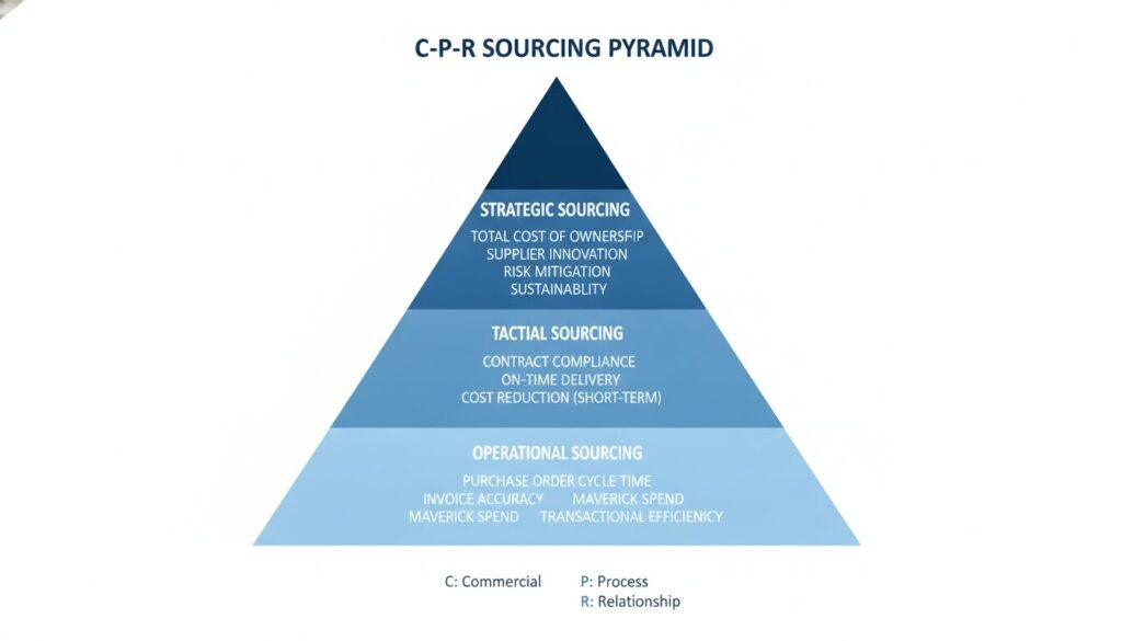 ein Pyramidendiagramm, das die C-P-R-Beschaffungspyramide mit spezifischen KPI-Kennzahlen auf jeder Ebene veranschaulicht