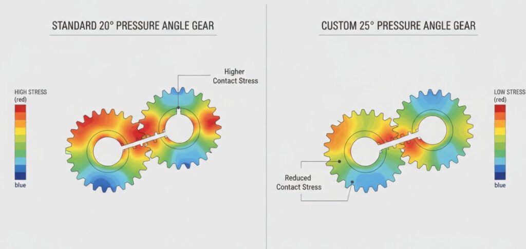 An infographic comparing FEA stress analysis heatmaps for standard 20° pressure angle gears and custom 25° external gears.