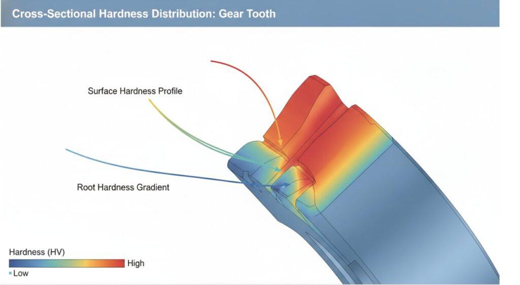 Cross-sectional hardness distribution map showing the hardness gradient curve of the tooth surface and tooth root.