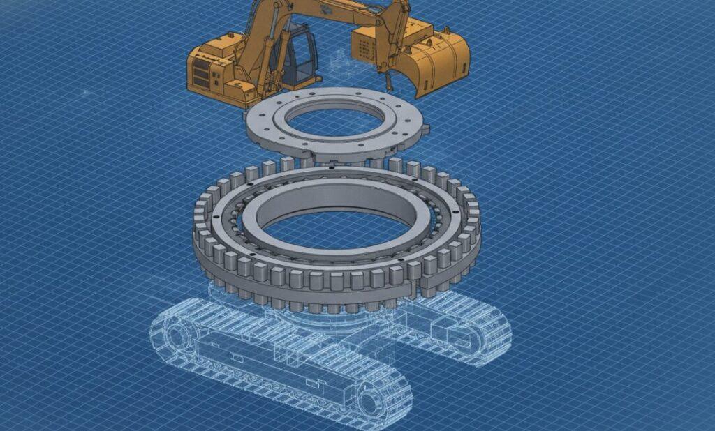 an exploded-view 3D diagram here showing a triple-row roller slewing bearing supporting an excavator’s upper structure