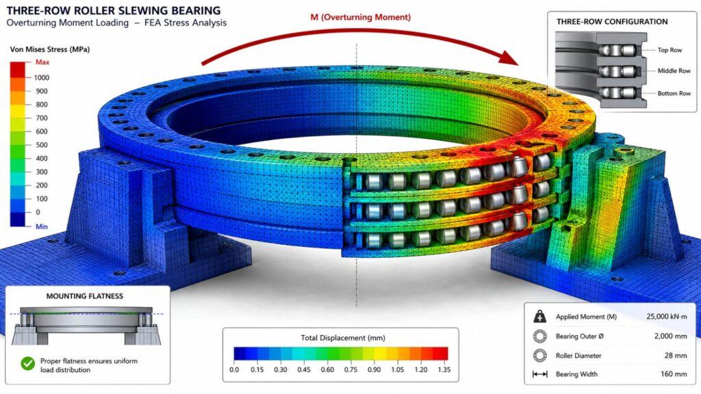 Insert a high-resolution FEA simulation image showing stress distribution on a three-row roller slewing bearing under heavy overturning moment.