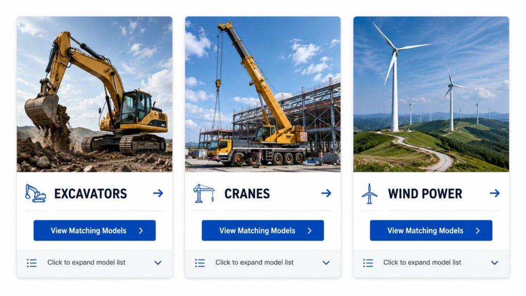 Three Thumbnails Arranged Side-By-Side, Representing Excavators, Cranes, And Wind Power Equipment; Clicking An Image Navigates To Or Expands The List Of Specific Matching Models.
