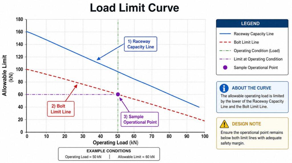 Insert an annotated technical diagram of a Load Limit Curve chart from a catalog, with color-coded arrows pointing out the Raceway Capacity Line, the Bolt Limit Line, and a sample operational intersection point.