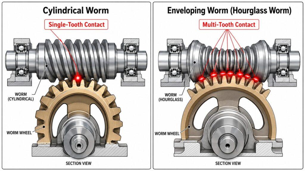 Display The Cross-Sections Of A Cylindrical Worm And An Enveloping Worm Side-By-Side, Highlighting The Contact Points In Bright Red To Clearly Contrast Single-Tooth Contact With Multi-Tooth Contact.