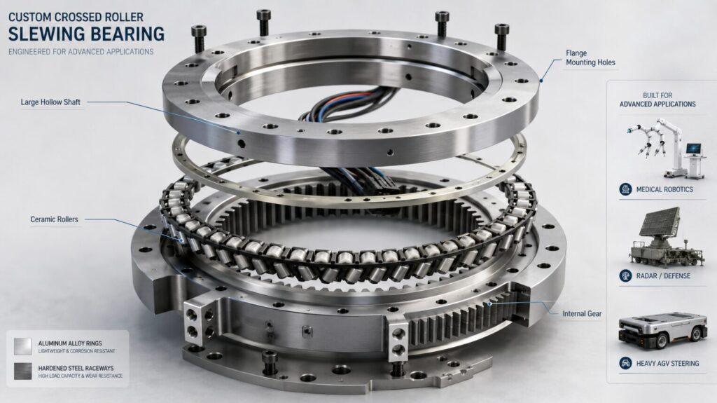 Insert an exploded 3D view here showing the crossed roller bearing assembly with a custom internal gear and special flange mounting holes.