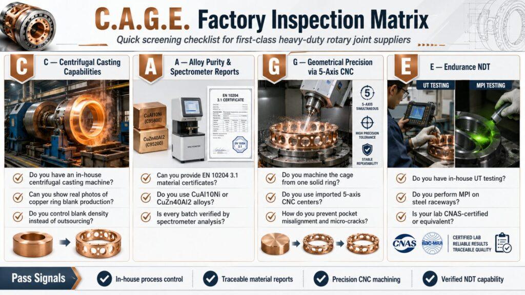 Insert a C.A.G.E. matrix infographic here, with the four letters corresponding to specific factory audit checklists (e.g., "Do you have in-house UT testing?"