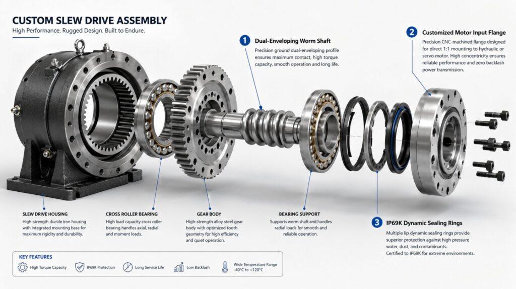 Insert a high-resolution 3D exploded view of a custom slew drive assembly. Annotate the dual-enveloping worm shaft, the customized motor input flange, and the IP69K dynamic sealing rings.