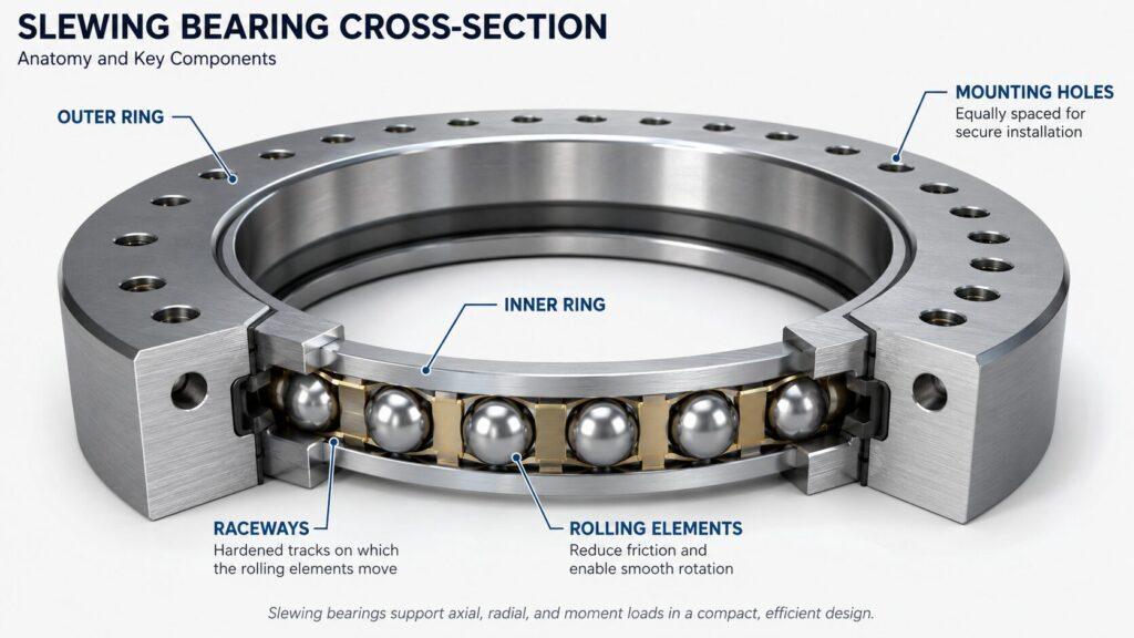 A Schematic Cross-Sectional View Showing The Slewing Bearing And Its Internal Components.
