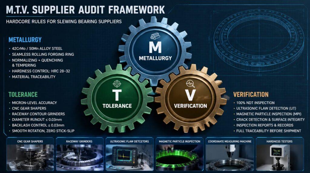 Insert a highly technical infographic of the “M.T.V. Supplier Audit Framework”. Design it as a structural blueprint showing three overlapping mechanical gears labeled Metallurgy, Tolerance, and Verification, with bullet points detailing specific machinery like “CNC Gear Shapers” and “Ultrasonic Flaw Detectors”.