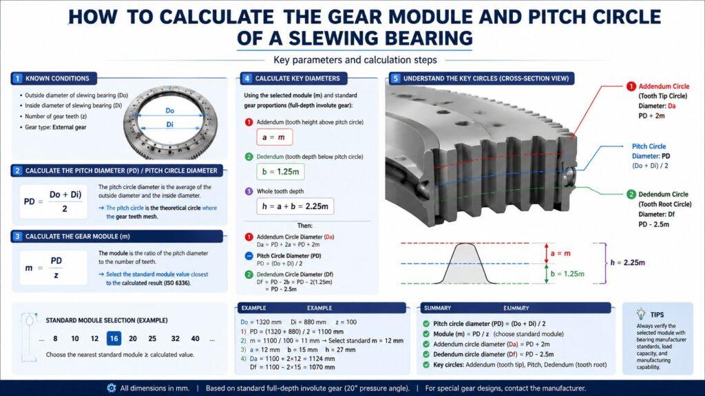 It Demonstrates How To Calculate The Gear Module And Pitch Circle Of A Slewing Bearing, Highlighting The Positions Of The Addendum Circle And The Dedendum Circle.