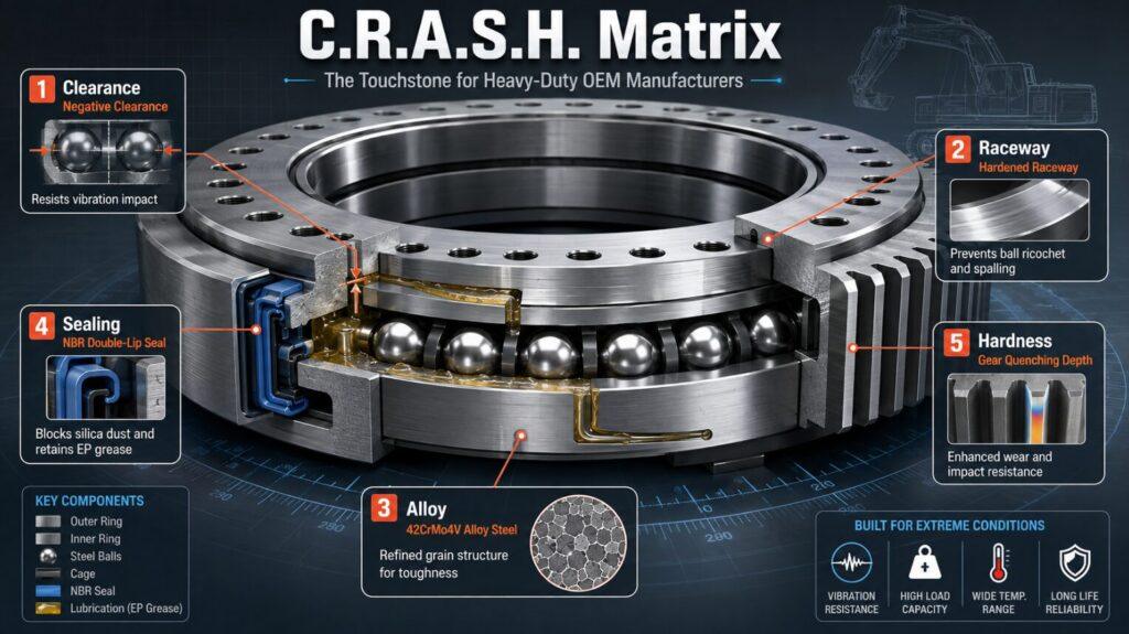 Insert a high-quality 3D cross-sectional diagram of an excavator slewing bearing here. Label the five components of the C.R.A.S.H. matrix: Clearance (internal ball clearance), Raceway (hardened raceway), Alloy (42CrMo4 steel grain structure), Sealing (NBR double-lip seal), and Hardness (gear quenching depth).