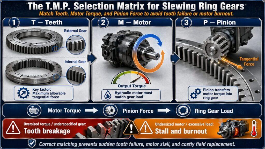Insert here a visually striking three‑part diagram illustrating the T.M.P. matrix. Show separately the ring gear (Teeth, contrasting internal and external teeth), the drive motor (Motor, with rotational torque indicated), and the pinion gear that meshes with the ring gear.