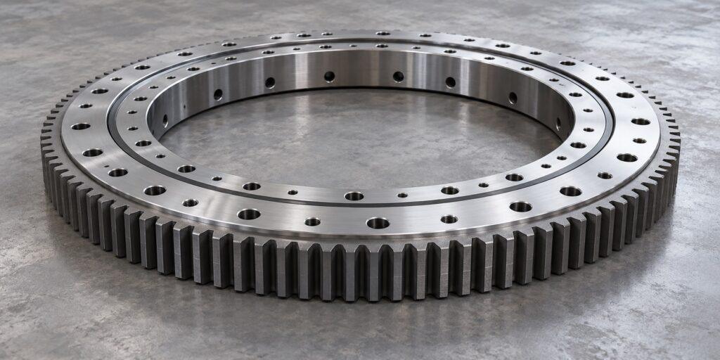 External-gear slewing bearing with mounting holes, conceptual product illustration