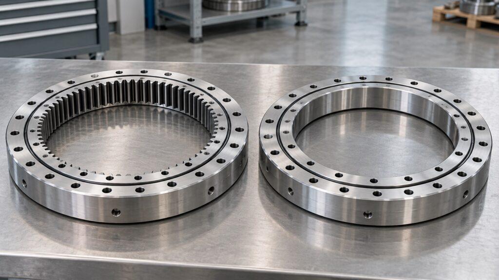 Internal-gear and toothless slewing bearings side by side, conceptual comparison illustration