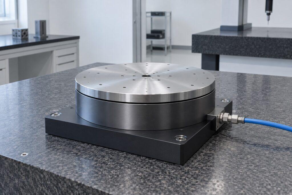 Precision air bearing turntable on a metrology bench with a connected air supply line