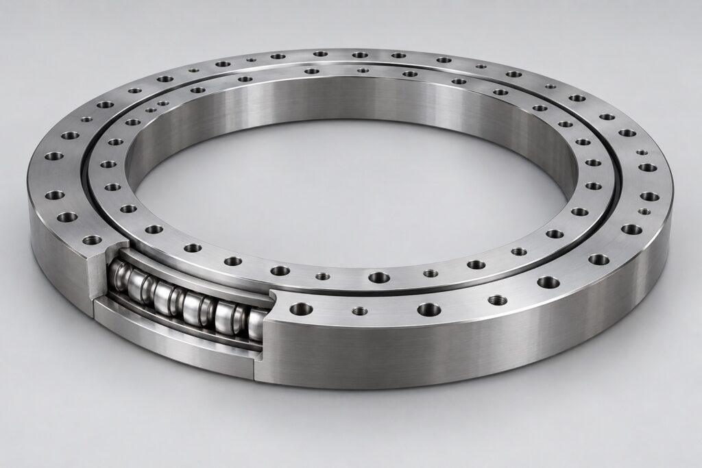 Conceptual cutaway rendering of an industrial slewing ring bearing with mounting holes