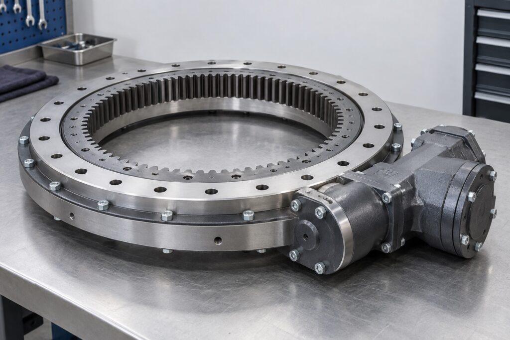 Generic industrial slew drive assembly with annular bearing and input gearbox on an inspection bench