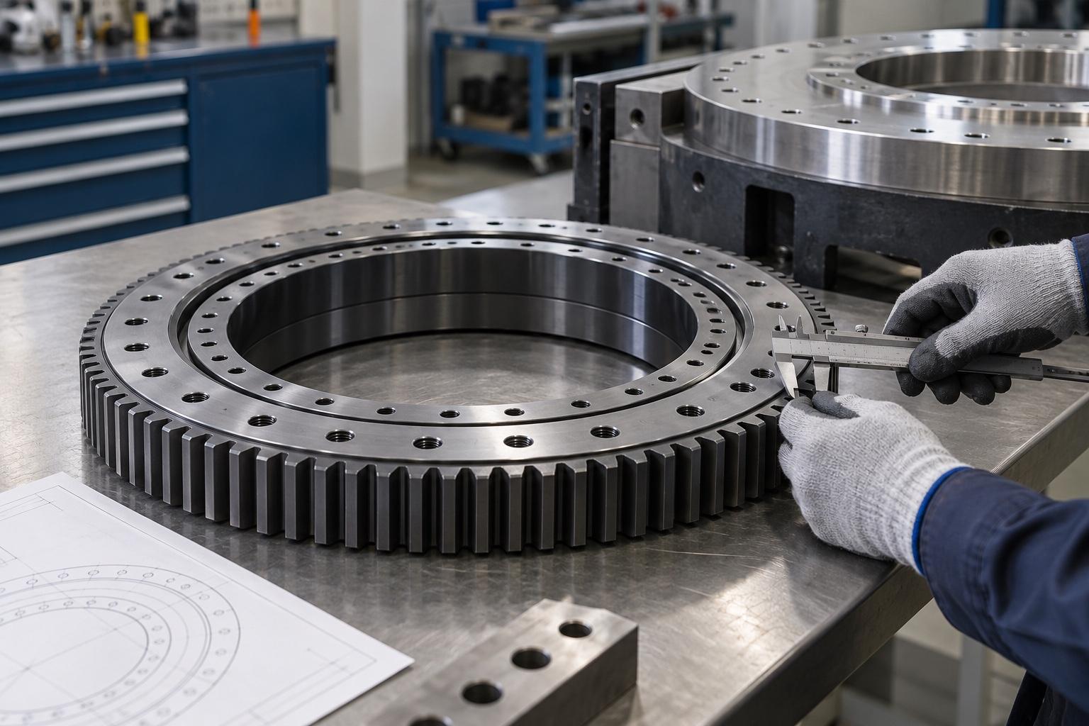 Concept illustration of a technician checking the mounting interface of an external-gear slewing bearing with a caliper